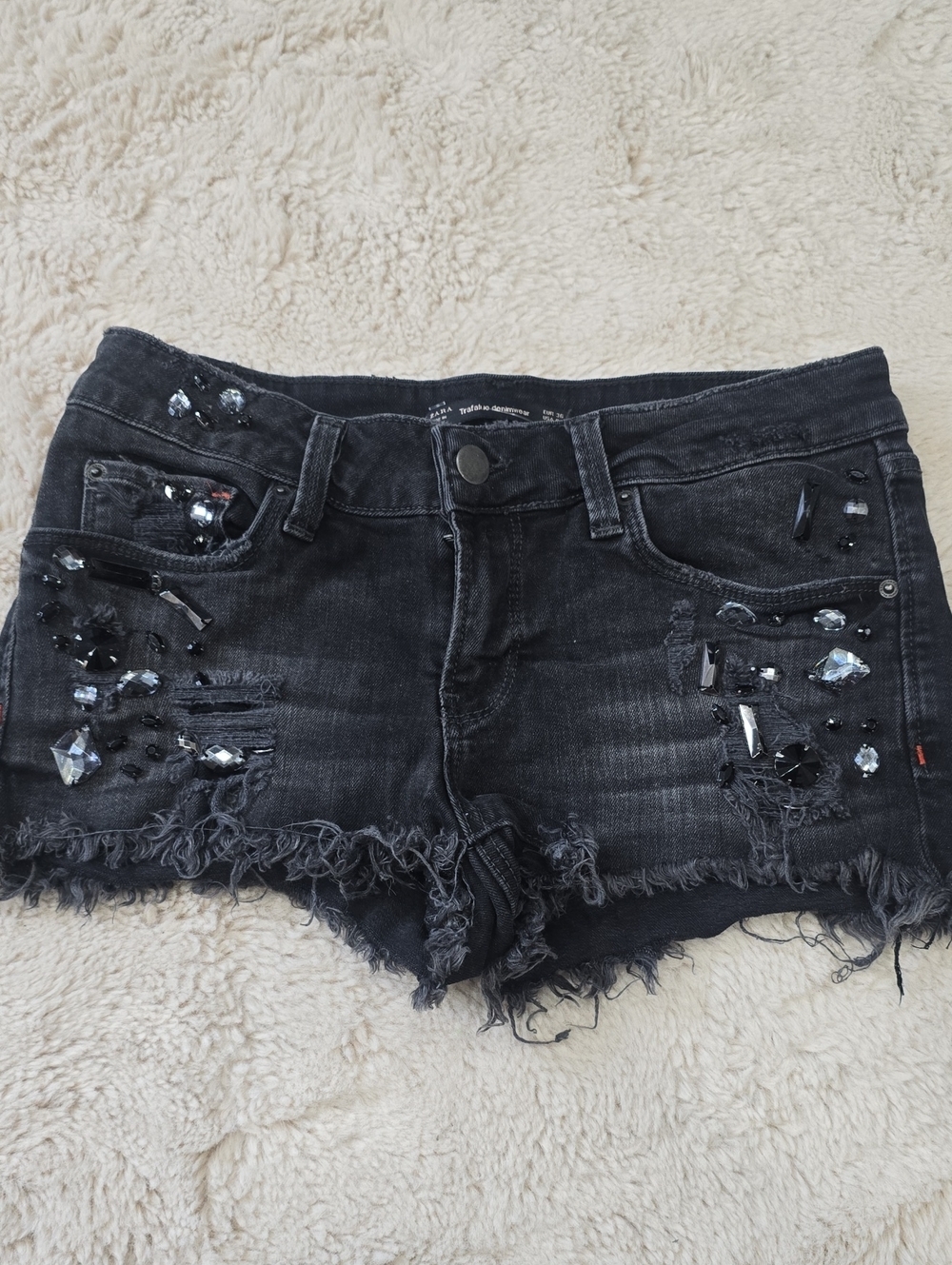 Zara Black Distressed Denim Shorts with Jewel Embellishments